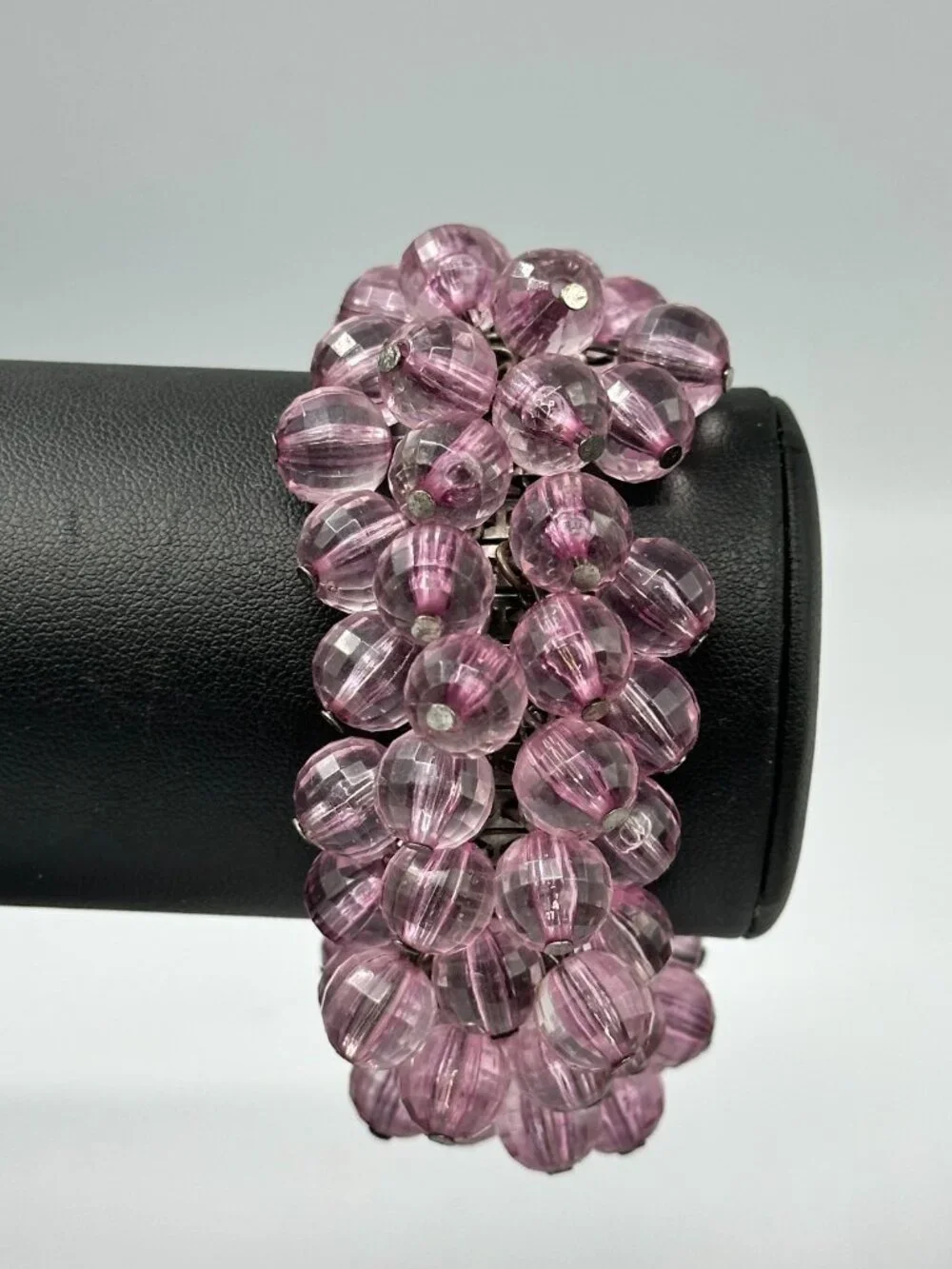 Vintage Cha Cha Expansion Bracelet Purple Faceted Round Beads Silver Tone